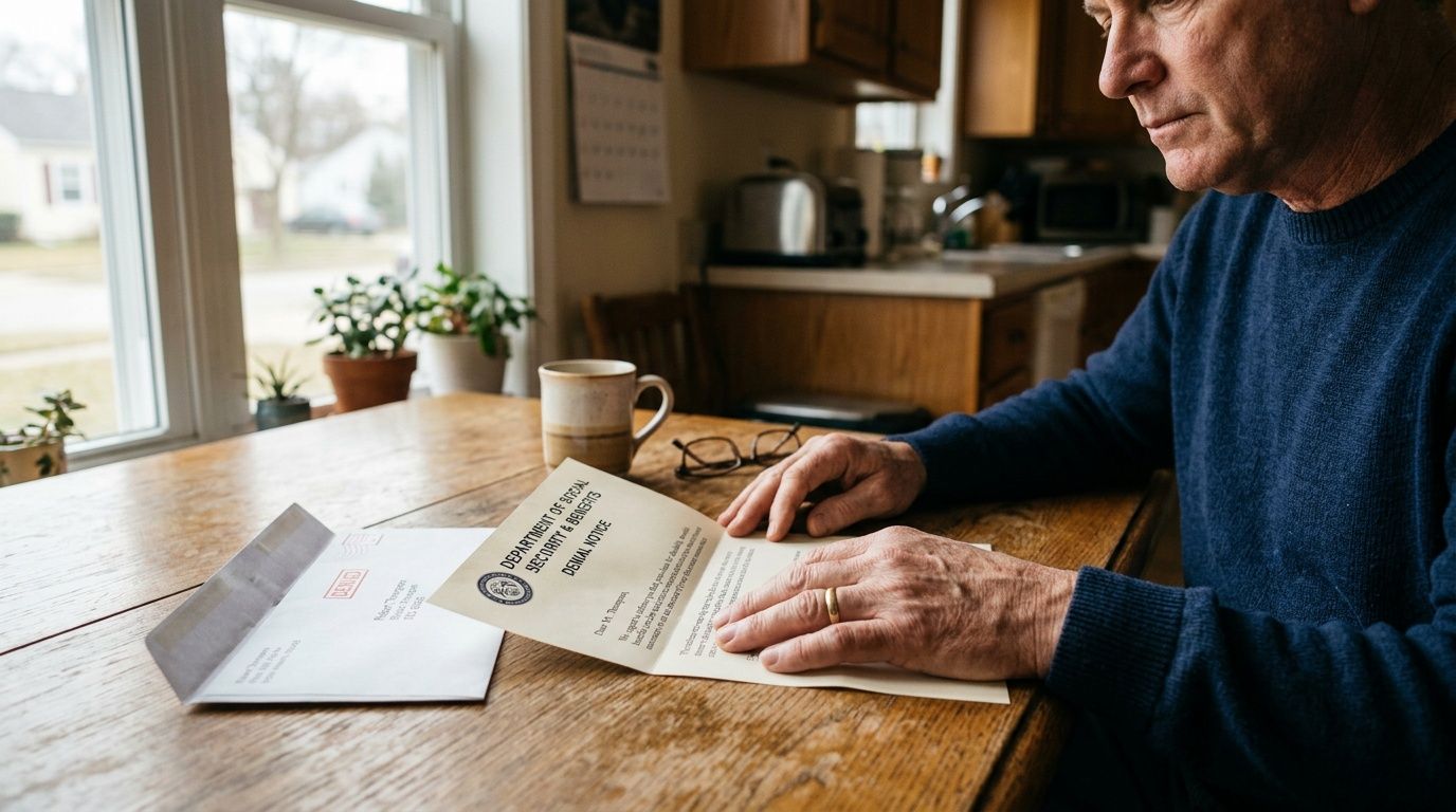 An older man reads a Social Security benefits denial notice while sitting at a wooden kitchen table.