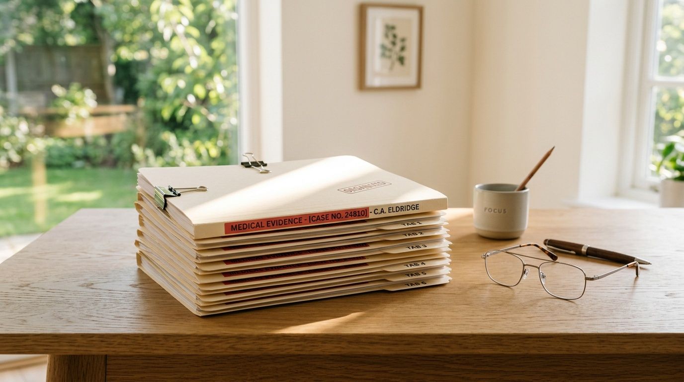 A stack of organized legal medical evidence files on a desk next to glasses and a pen.