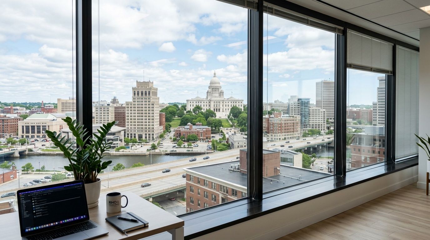 A modern office desk featuring a laptop and plant overlooking the Providence city skyline and capitol building.
