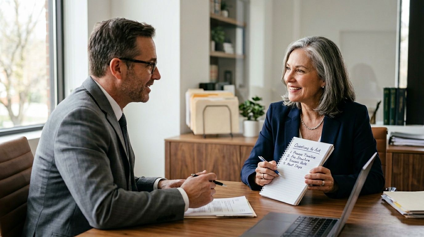 A professional man and woman discussing case strategy while reviewing a handwritten checklist in an office setting.