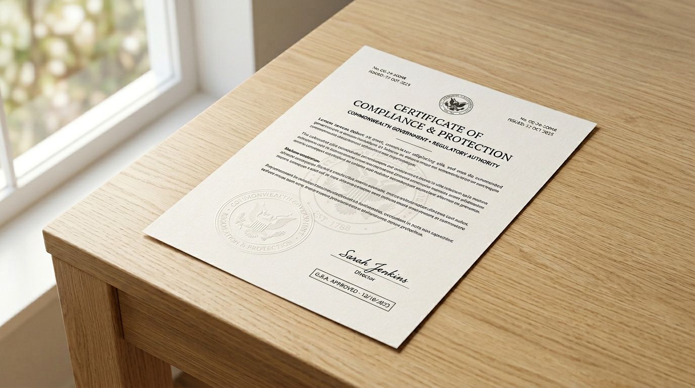 A printed official compliance and protection certificate from a regulatory authority lying on a wooden desk.