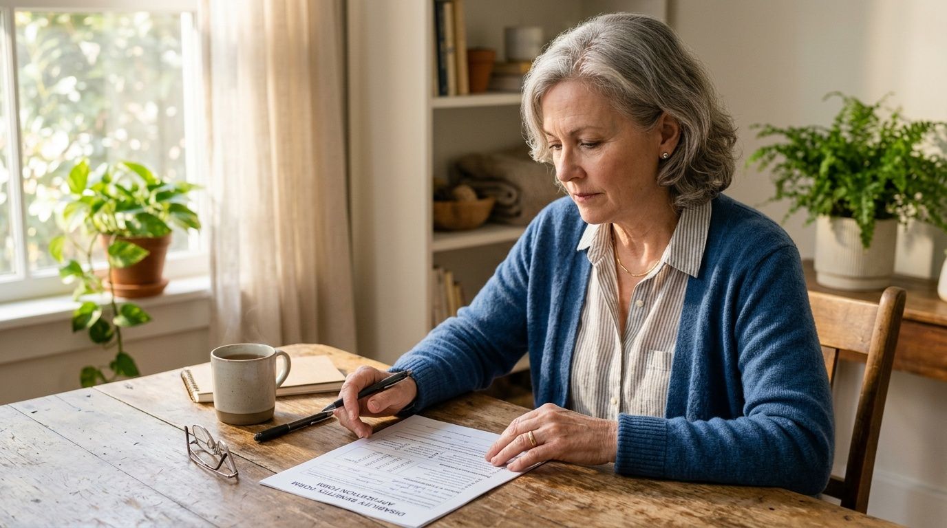 A focused mature woman sits at a wooden table filling out a disability application form with a pen.