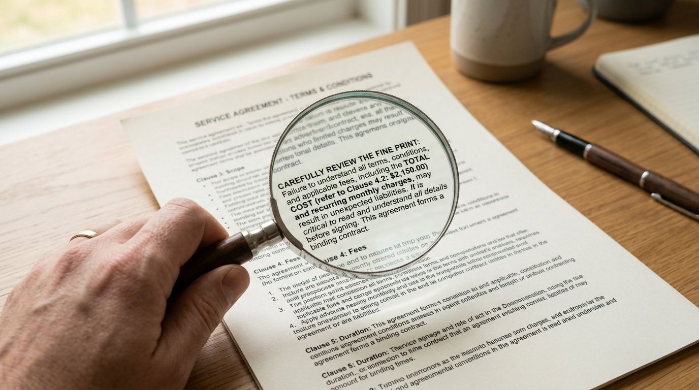 A hand holding a magnifying glass over a service agreement contract to review legal terms and conditions.