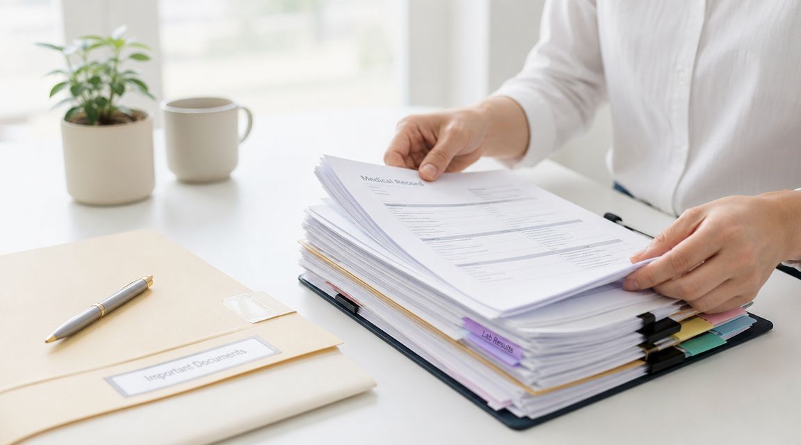 A person reviewing a large stack of medical records and important documents at a clean desk