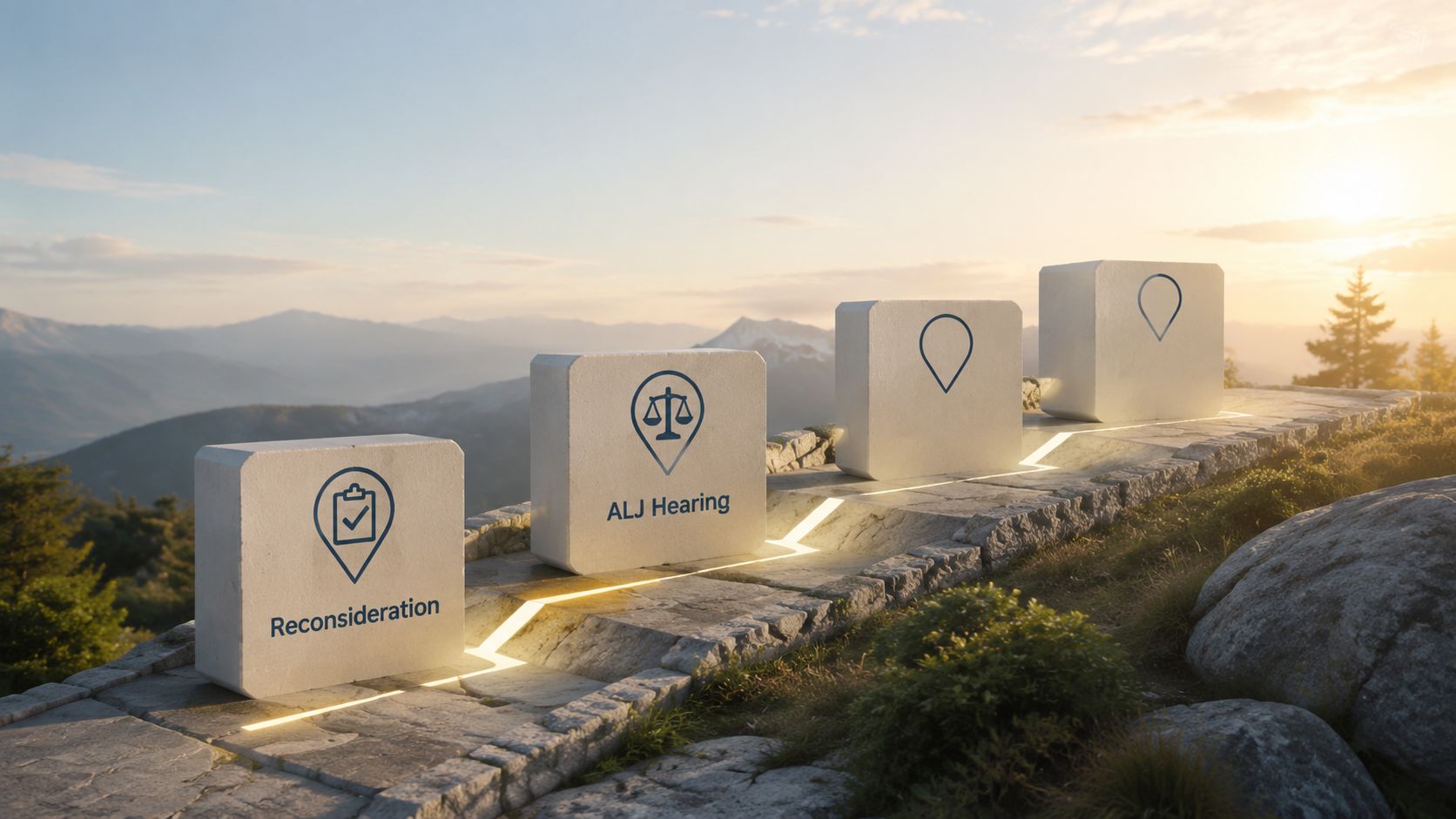 A path leading up a mountain with four concrete markers representing the stages of the SSDI appeal process.