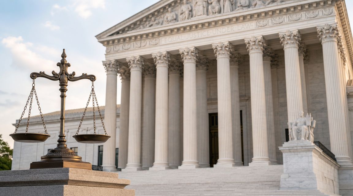 A symbolic scales of justice statue placed in front of the United States Supreme Court building.