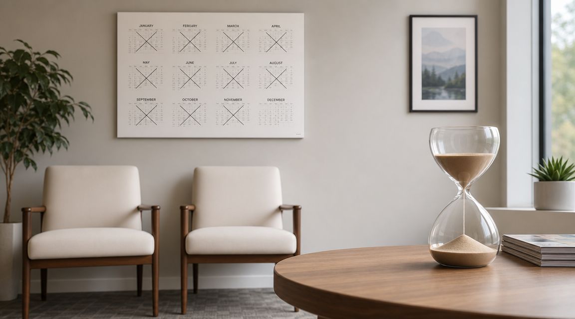 A modern waiting room with two armchairs, a wall calendar, and an hourglass on a table.