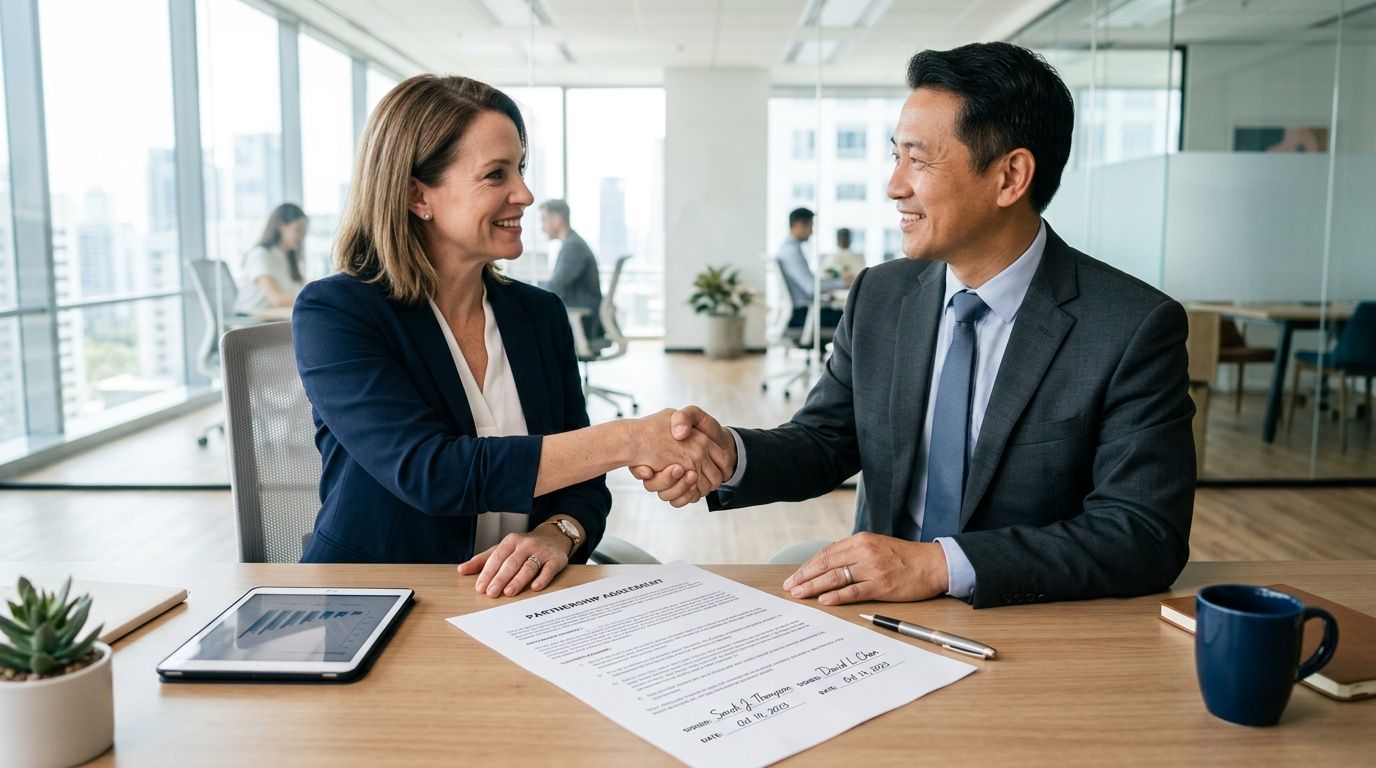 A professional man and woman shaking hands over a signed partnership agreement document in a modern office.