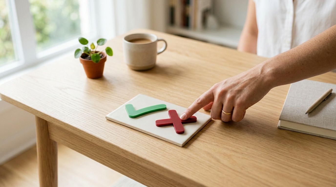 A person selecting a red cross symbol on a desk instead of a green check mark.
