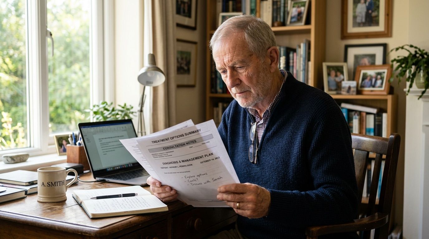 An elderly man sitting at a wooden desk, reviewing medical paperwork while working on a laptop at home.