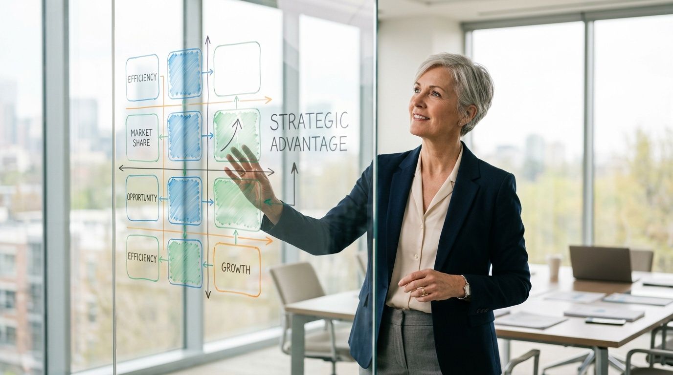 A professional woman in a suit pointing to a strategic business chart on a glass wall.