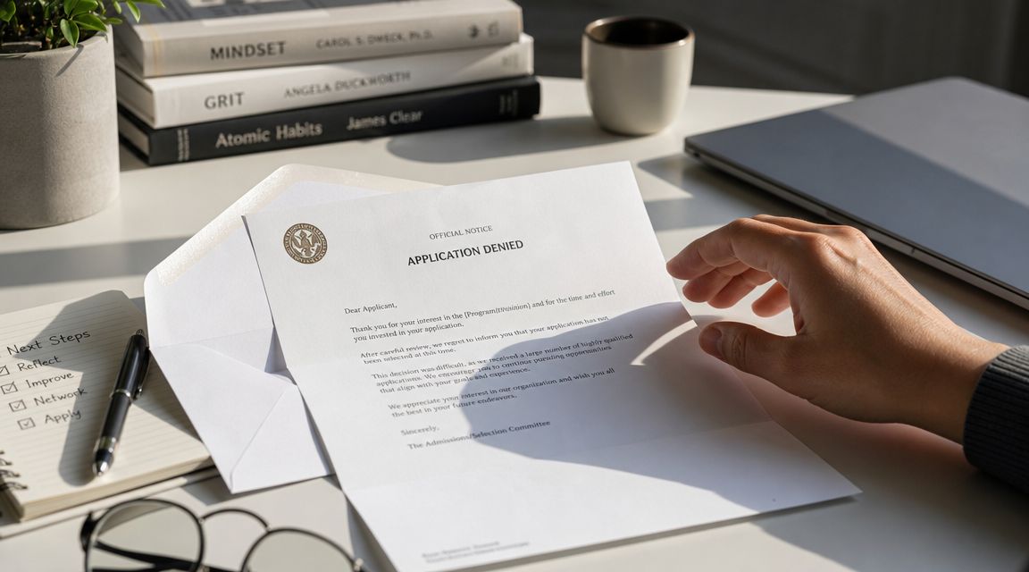 A person sitting at a desk with an official rejection letter regarding an application in their hand.