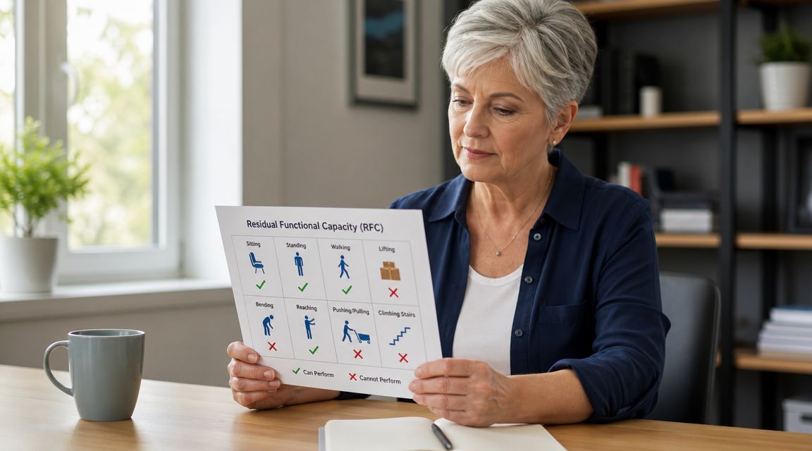 A woman reviews a document summarizing residual functional capacity regarding physical abilities and limitations for work.