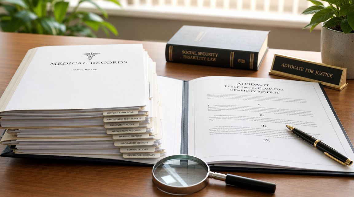 A stack of medical records next to a disability benefit affidavit and a magnifying glass on a desk.