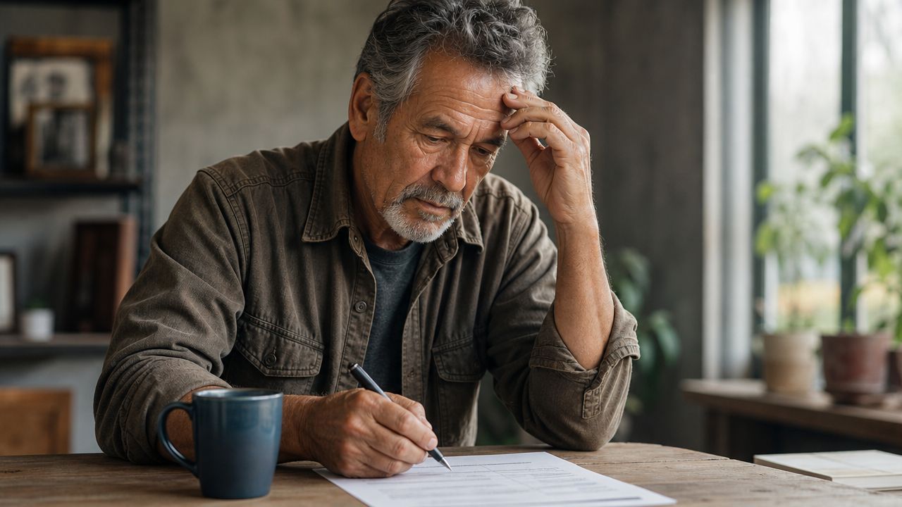 An older man with a pensive expression sitting at a desk and reviewing important paperwork.