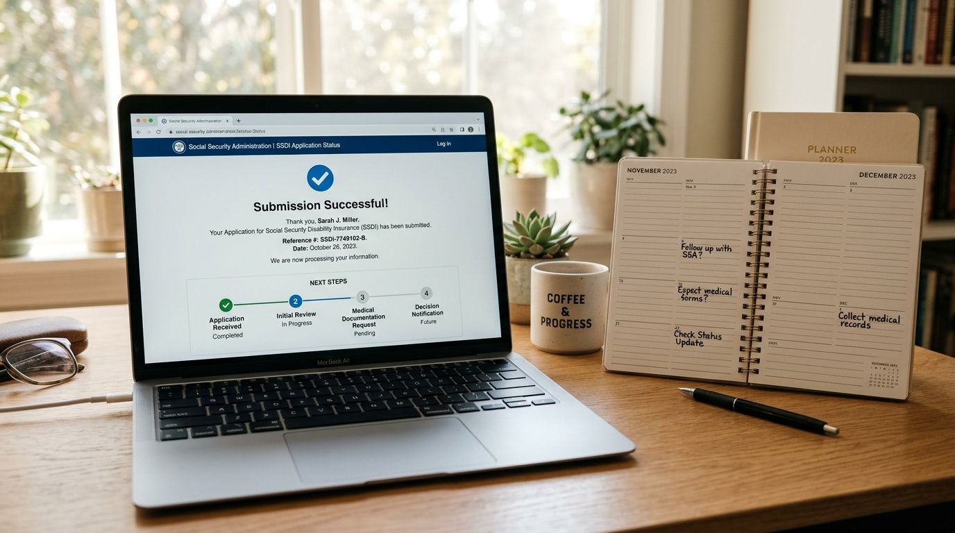 A laptop displays a successful Social Security Disability Insurance application submission on a wooden desk with a planner.