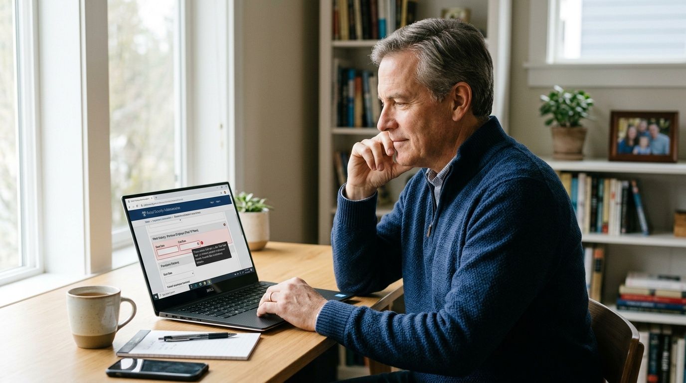 A middle-aged man sitting at a desk while filling out an online application on his laptop computer.