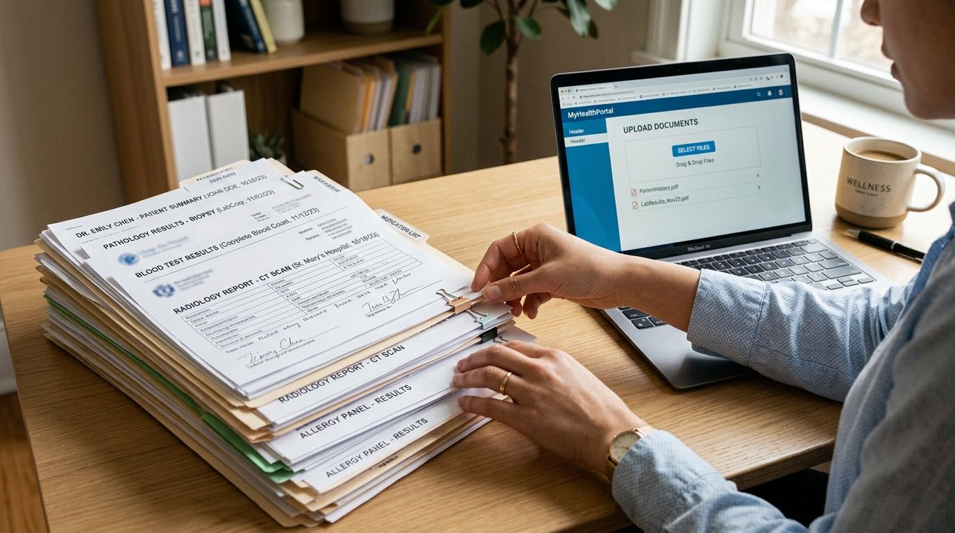 A person preparing to upload medical documents to an online portal while reviewing paperwork on a desk.