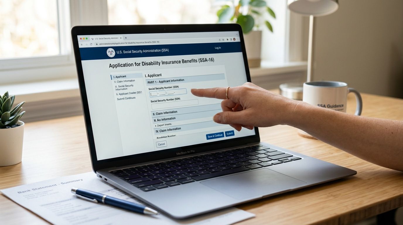 A person using a laptop to fill out an online Social Security disability insurance application form.