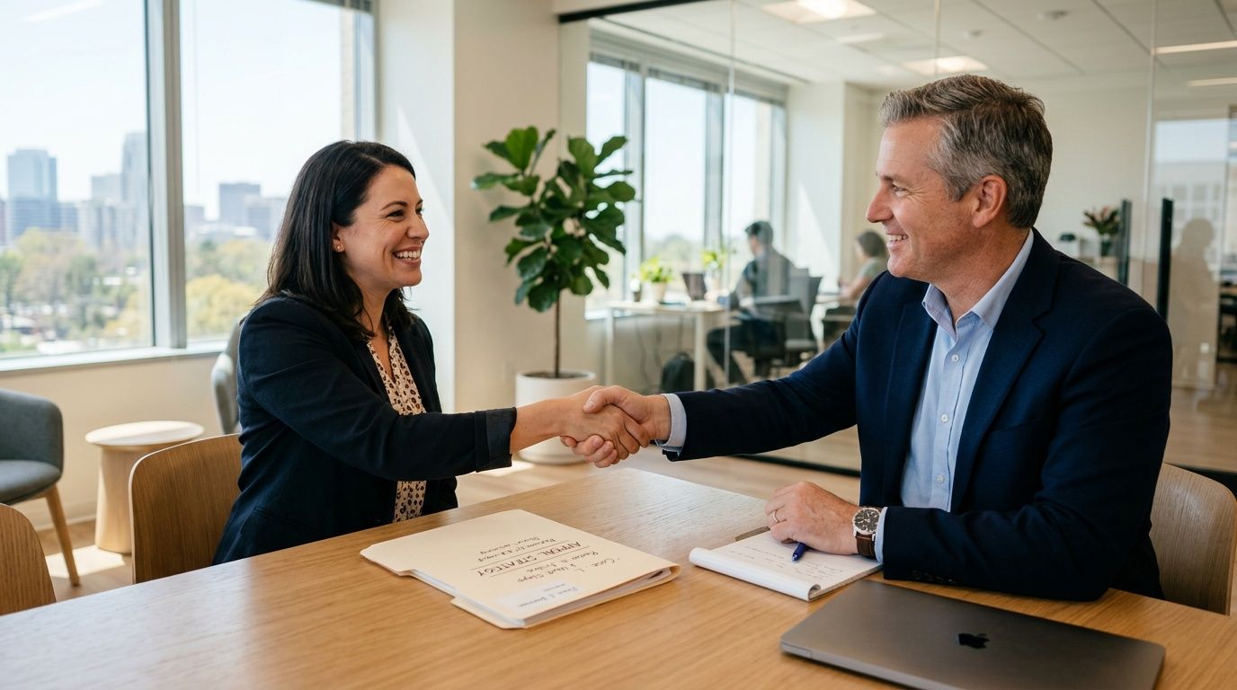 A professional woman and man shaking hands across a desk in a modern corporate office setting.