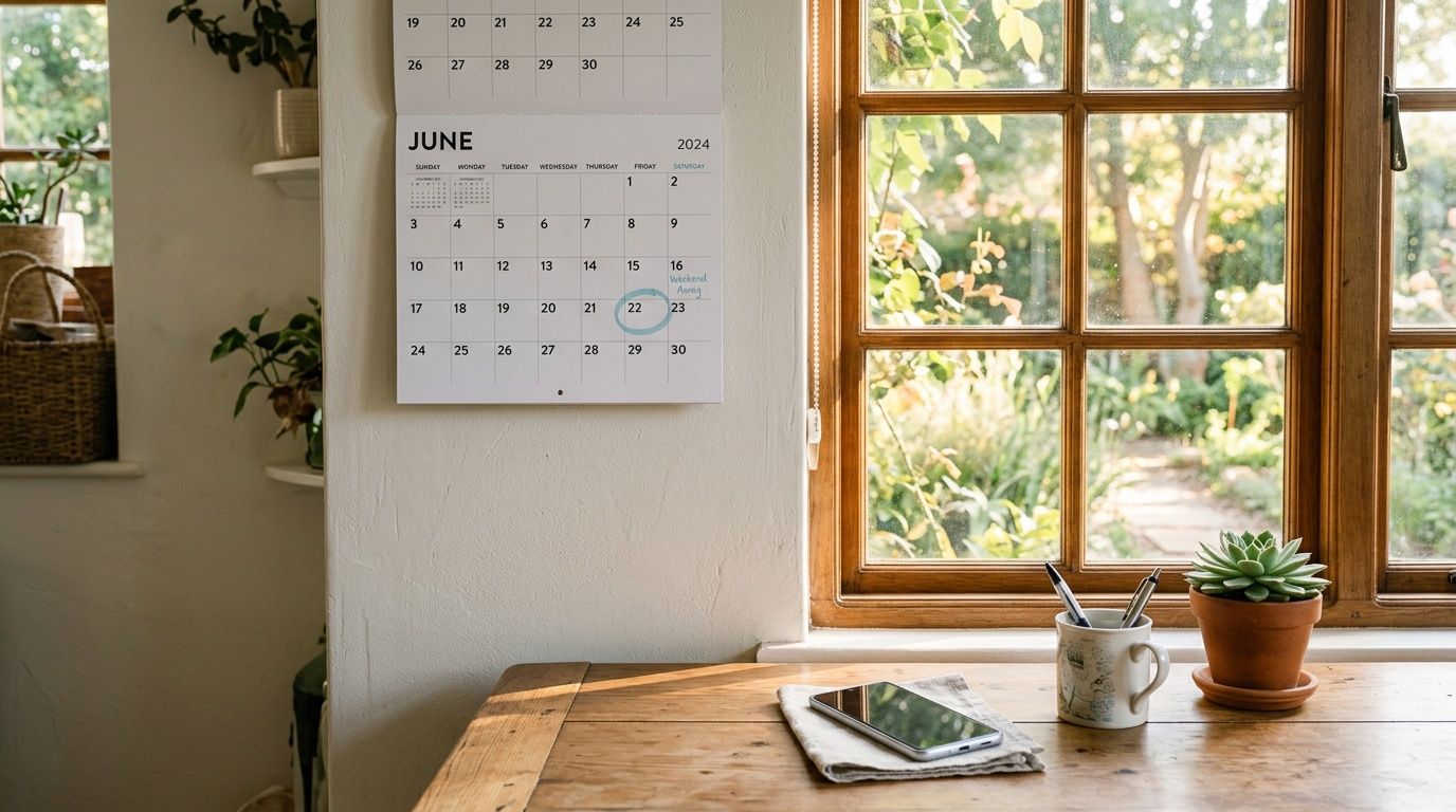 A wooden table with a phone, pens, and a potted plant in front of a window and calendar.