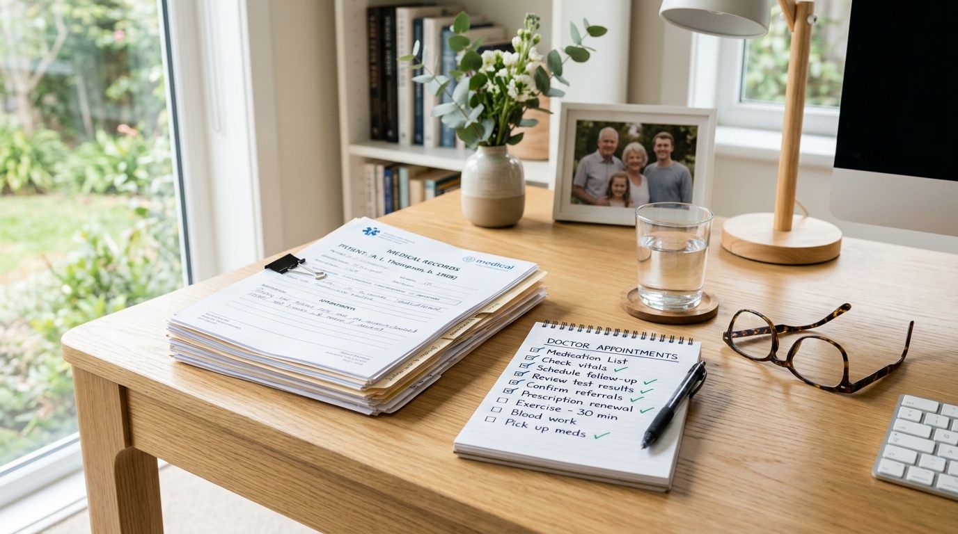 A wooden desk holding a stack of medical records, a doctor appointment checklist, and reading glasses.