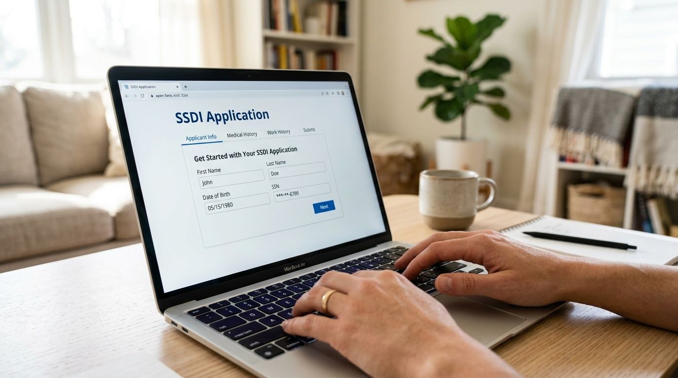 A person fills out an online SSDI application form on a laptop screen while working at home.