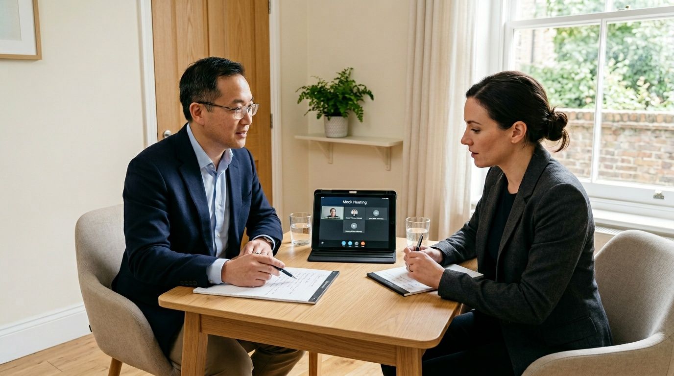 A professional man and woman having a business meeting at a wooden table with a digital tablet.