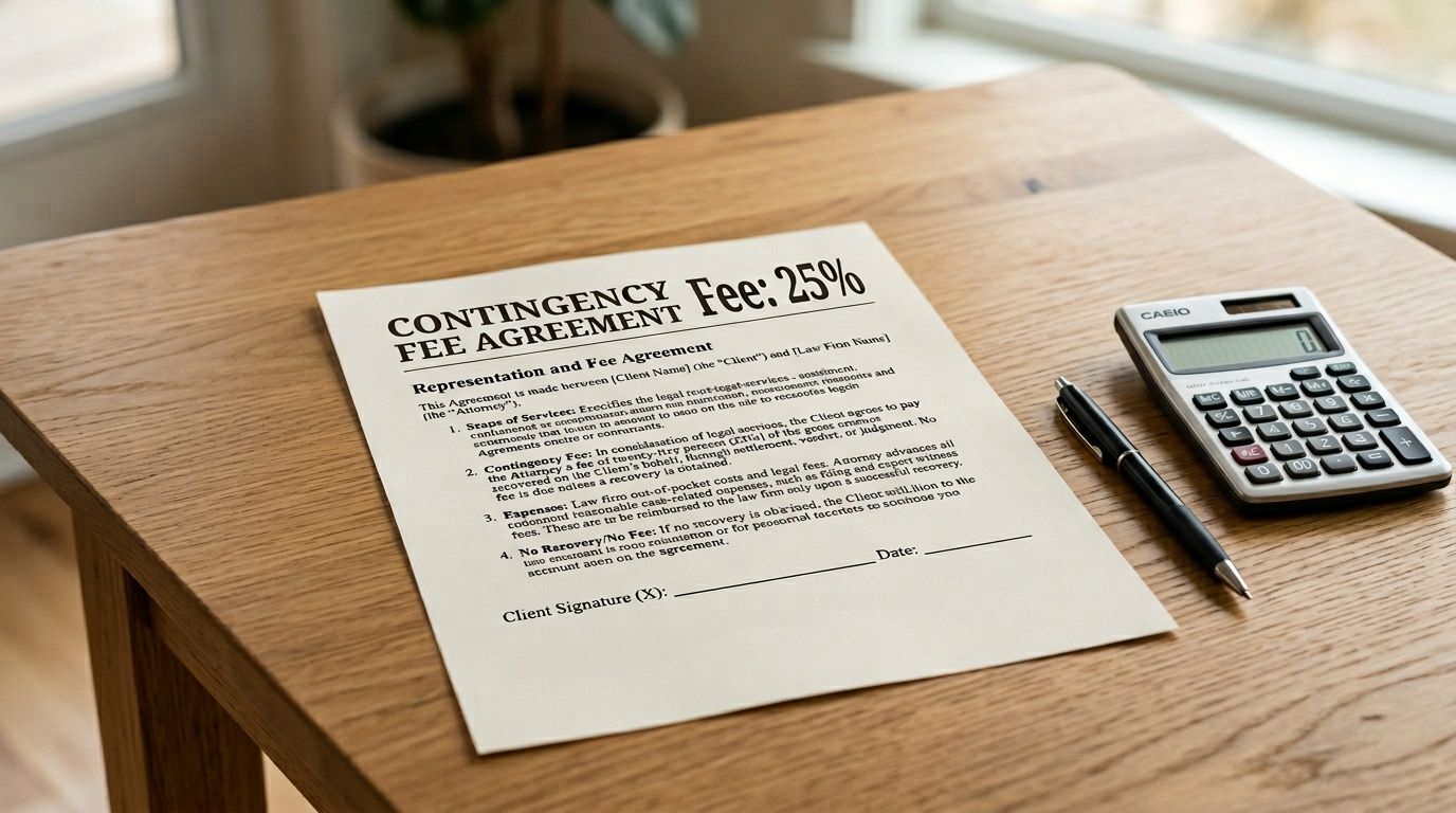 A document titled Contingency Fee Agreement rests on a wooden desk next to a pen and calculator.