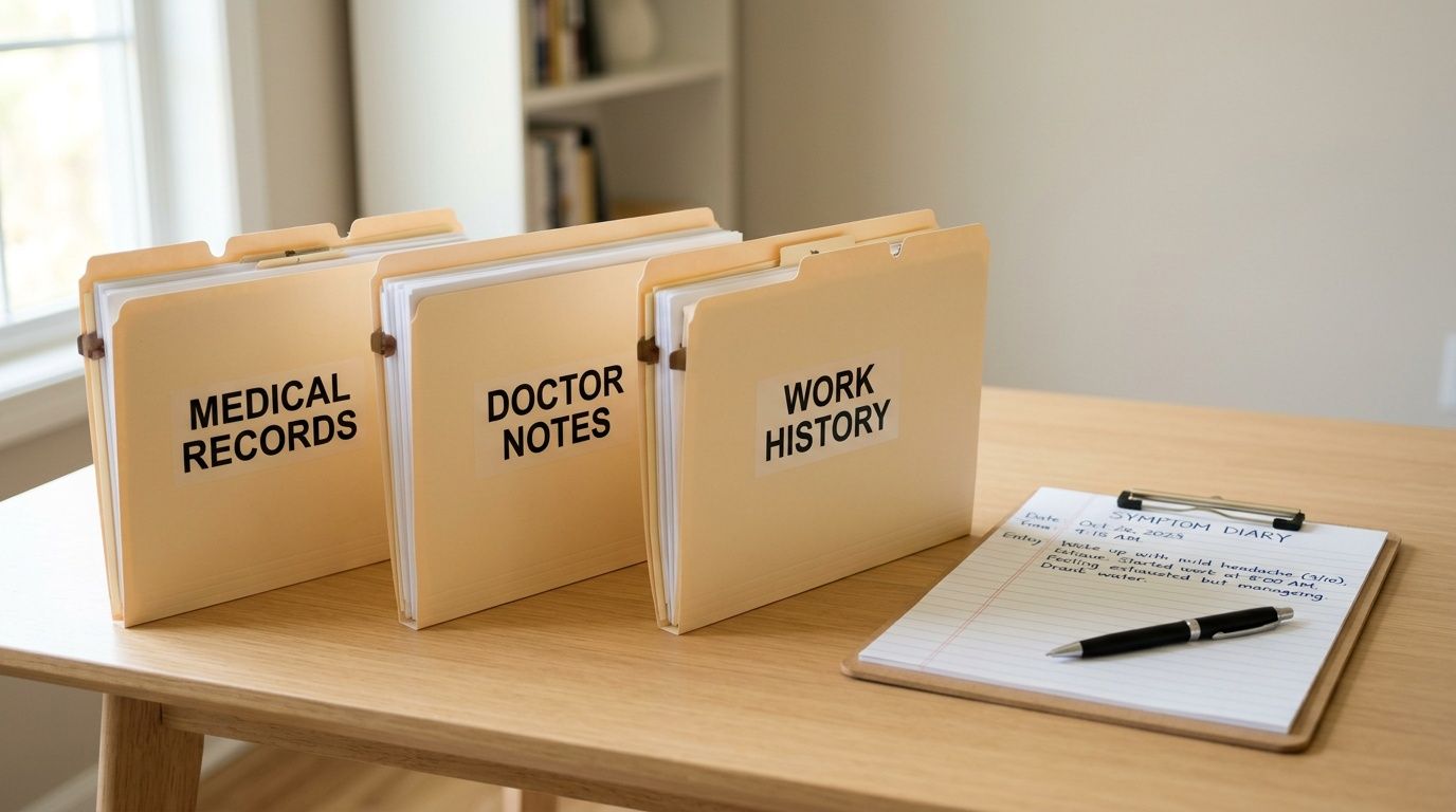 A table with three labeled file folders and a symptom diary for a disability lawyer appointment.
