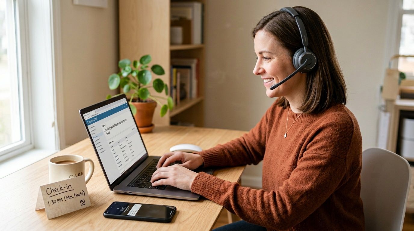 A woman wearing a headset working on a laptop at a desk with a check-in reminder card.