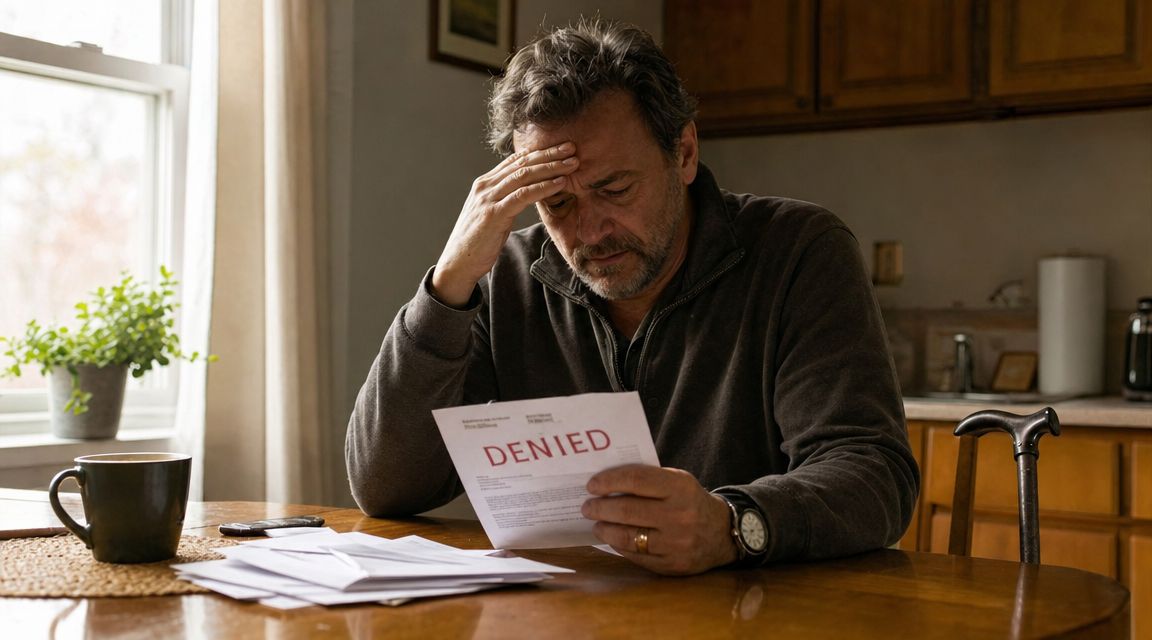 A middle-aged man sitting at a table looking stressed while holding a document stamped with the word denied.