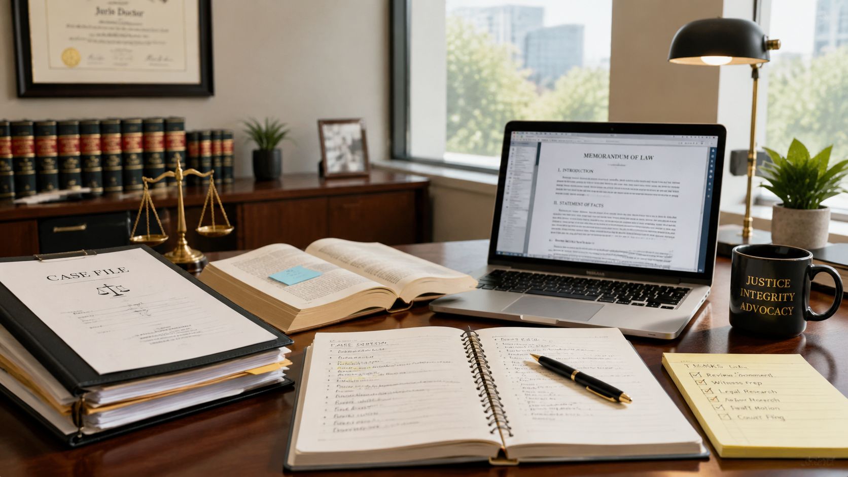 A professional law office desk featuring a laptop, legal case files, notebooks, and a pair of scales.