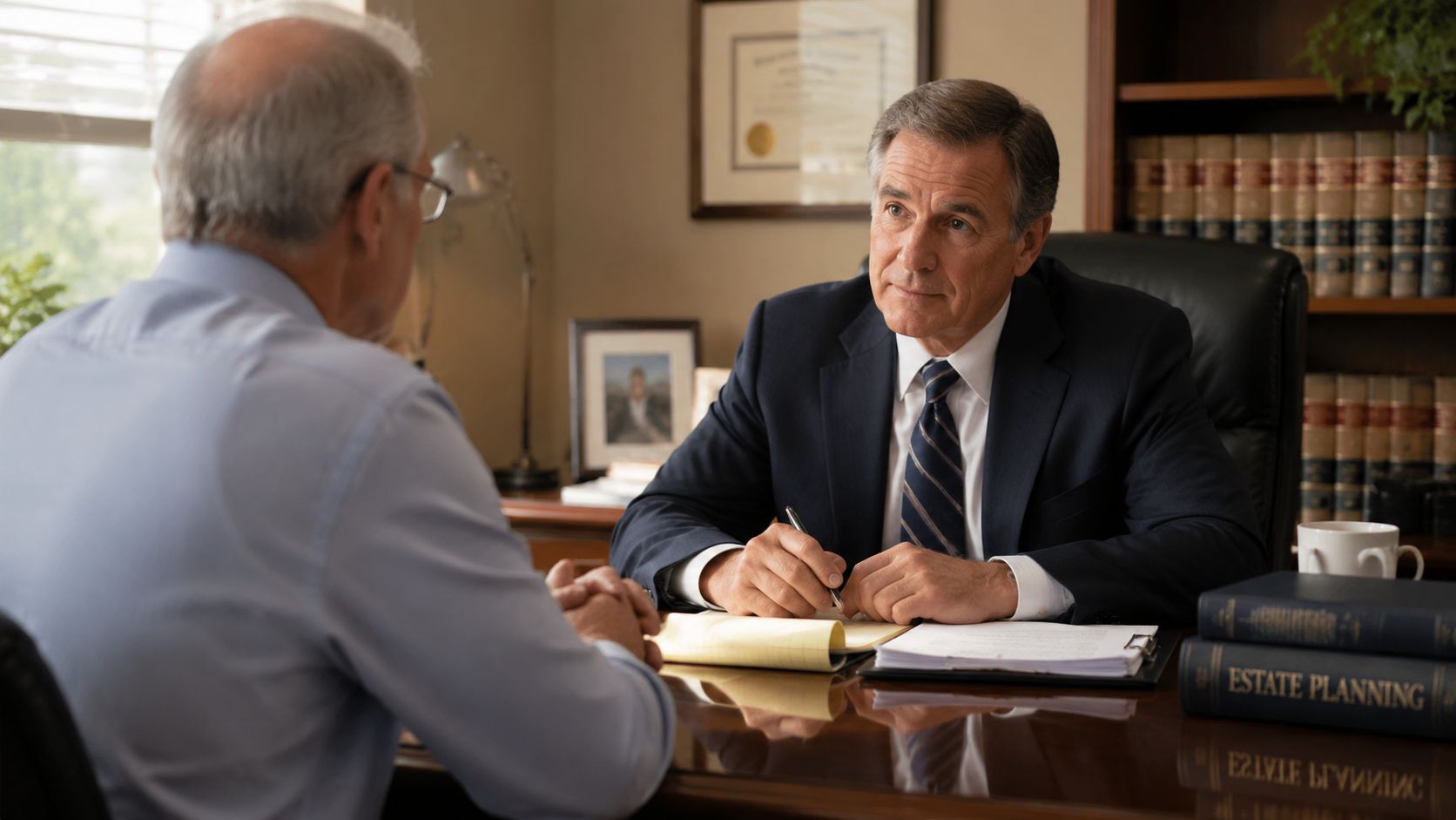 A professional estate planning attorney meeting with an elderly client to discuss legal matters in an office.