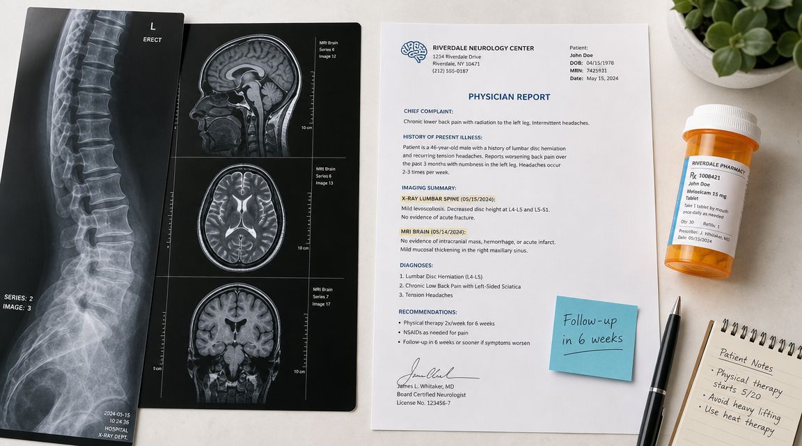 A top-down view of medical documents, a spinal X-ray, brain MRI scans, and medication on a desk.