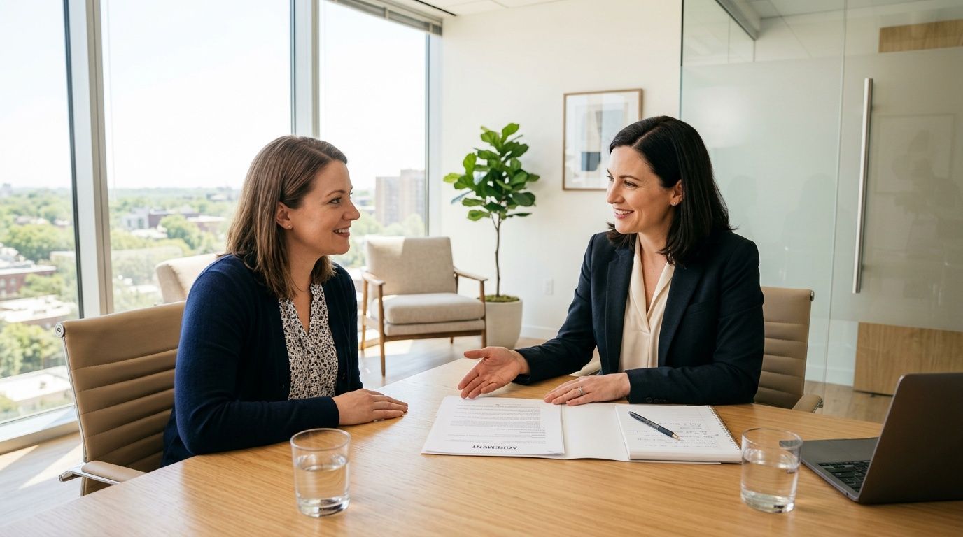A professional woman discusses an agreement document with her client during a meeting in a bright office.