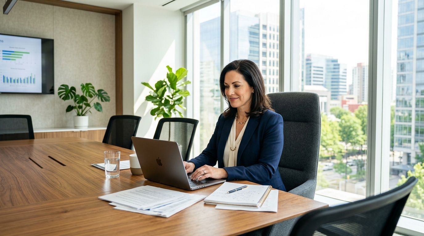 A professional woman in a suit working on her laptop in a modern sunlit corporate boardroom.