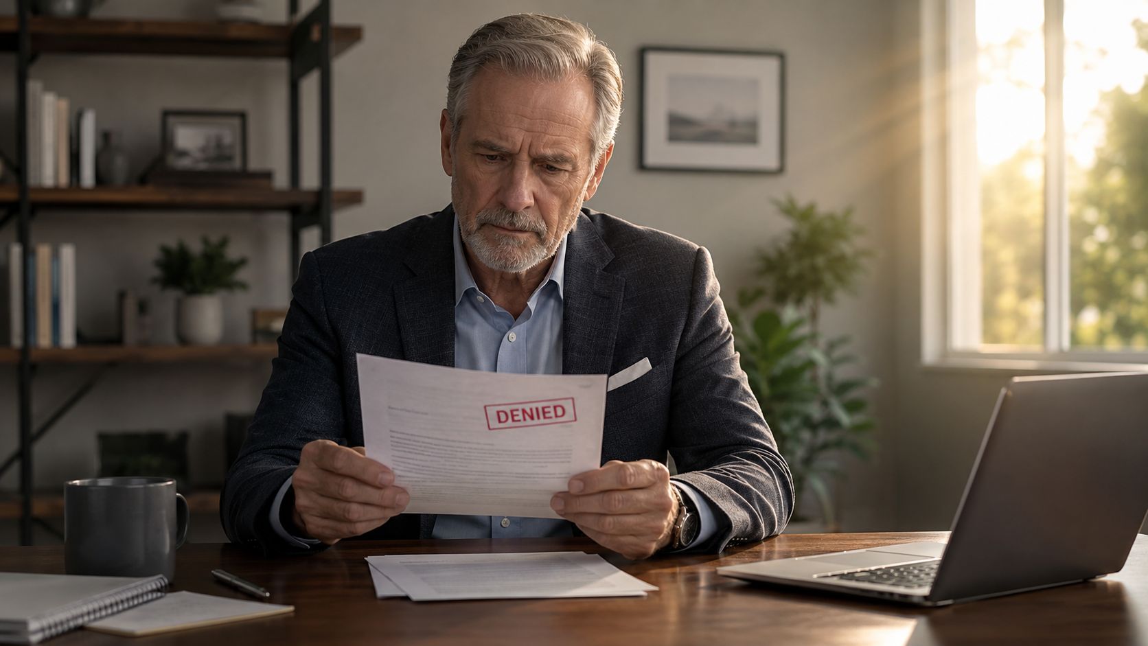 A concerned mature businessman reading a document with a denied stamp while working at his desk.