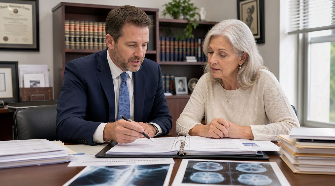 A male lawyer discusses legal documents with an older woman in a professional office setting.
