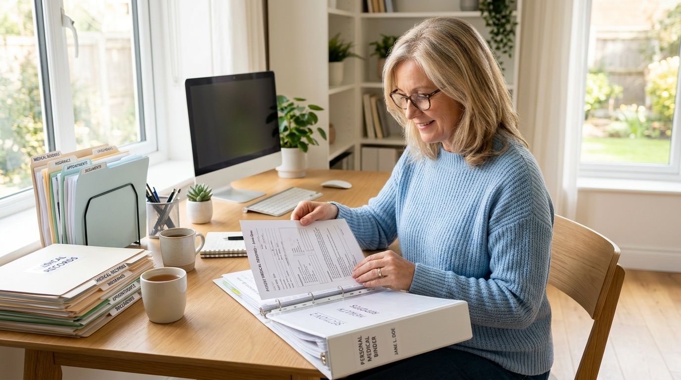 A woman in a blue sweater organizing medical documents in a binder while sitting at her desk.