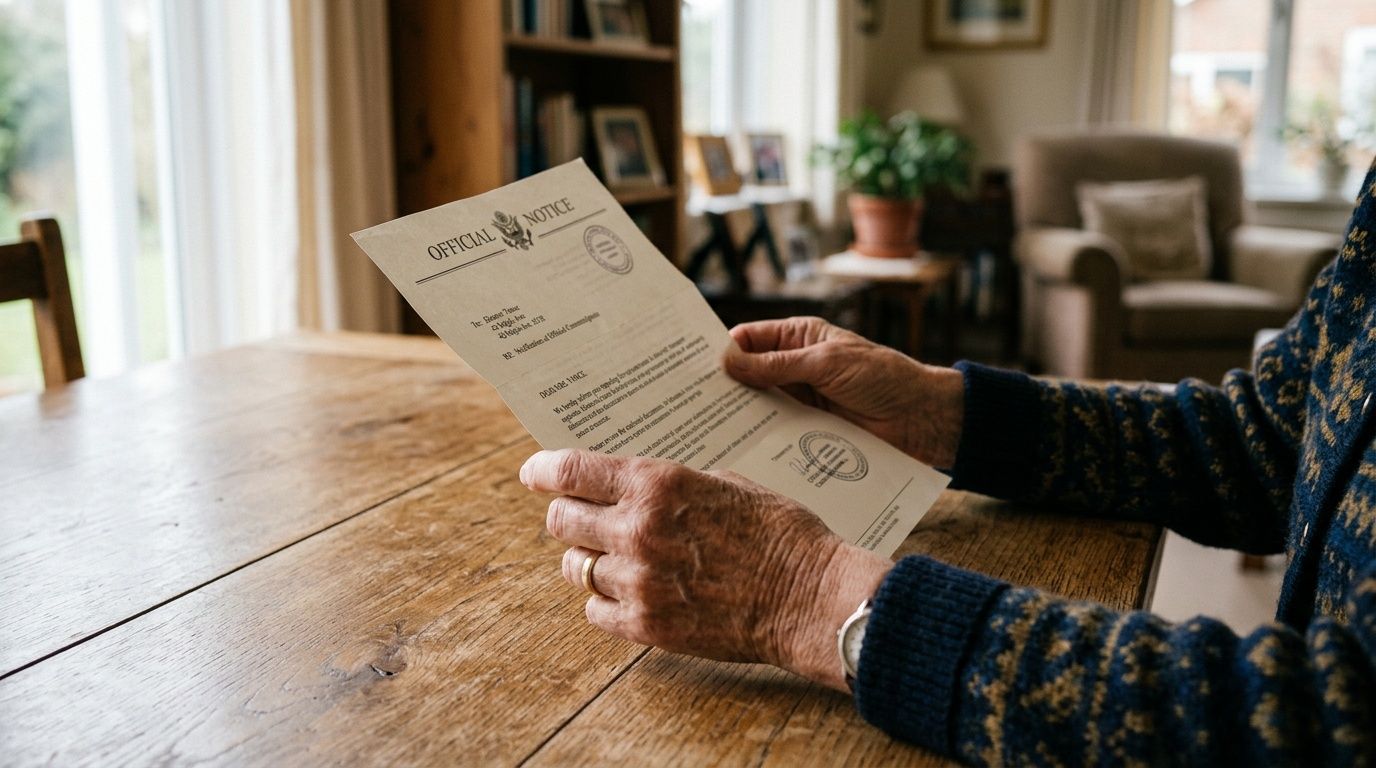An elderly person holding an official notice document while sitting at a wooden table at home.