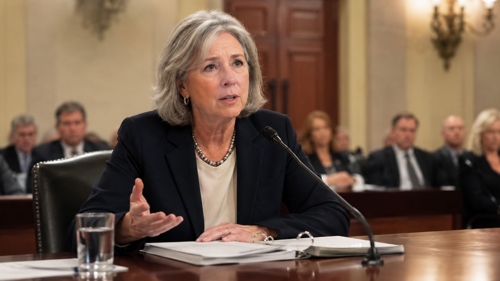 A woman in a blazer speaks at a formal hearing while sitting at a wooden table.