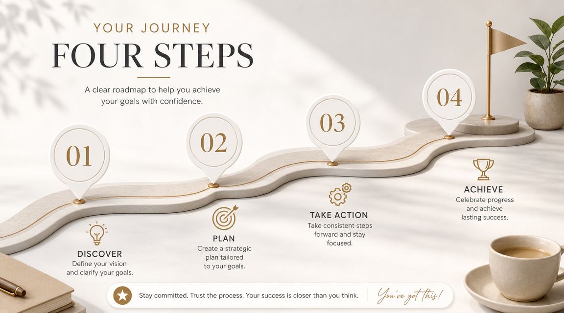 A visual roadmap showing four steps to achieve goals: discover, plan, take action, and achieve success.