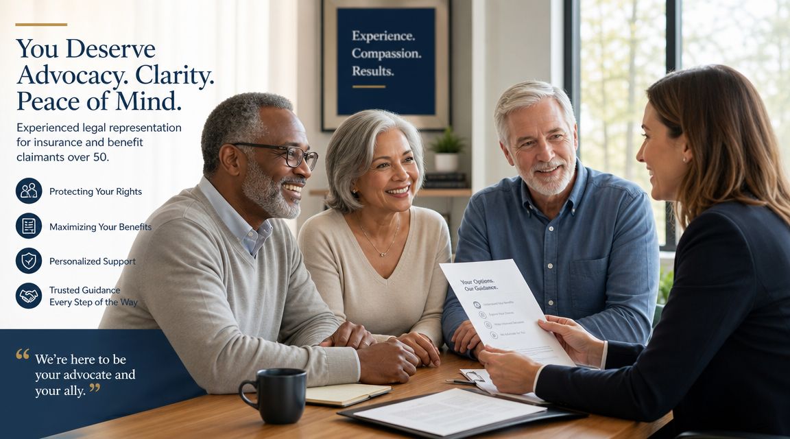 A professional legal advisor consults with an older couple about insurance and benefit claims in an office.
