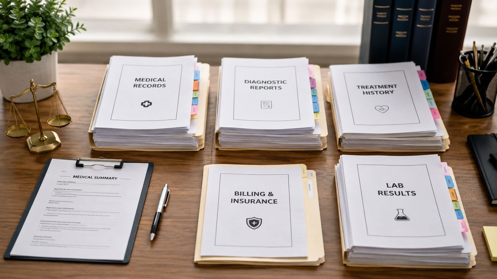 A professional wooden desk organized with various medical documents in folders, a scale of justice, and paperwork.