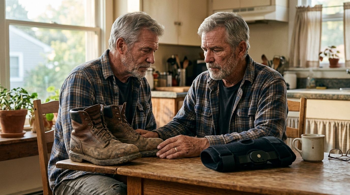 An older man sitting at a kitchen table looking pensively at his worn work boots and knee brace.
