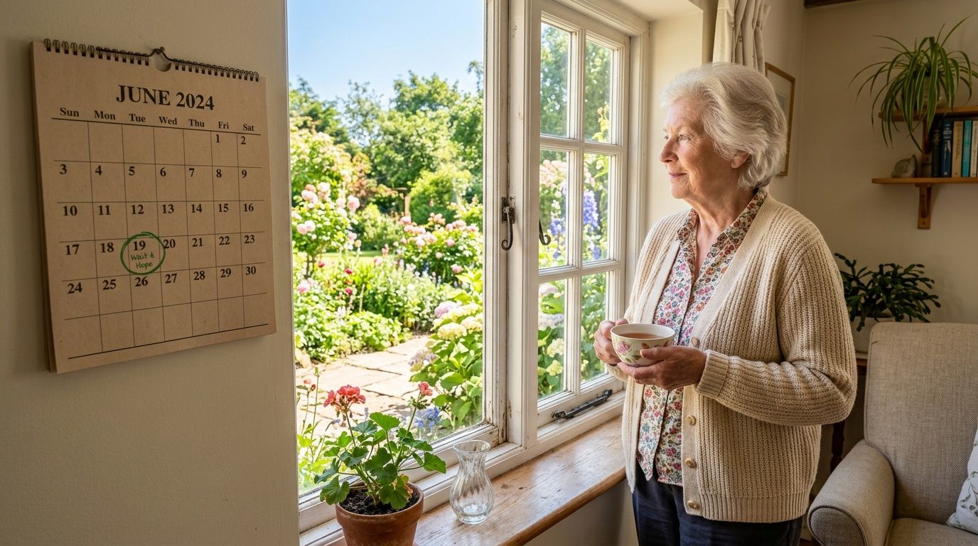 An elderly woman stands by a sunny window holding a tea cup, looking out at a garden.