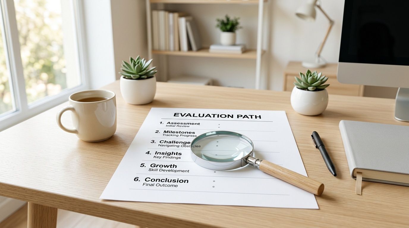 A document labeled Evaluation Path rests on a wooden desk next to a coffee mug and magnifying glass.