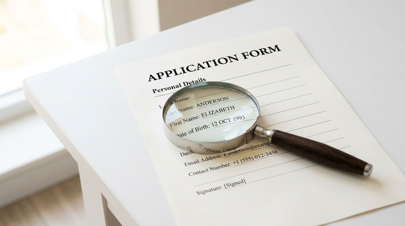 A magnifying glass placed over personal details on a printed application form on a desk.