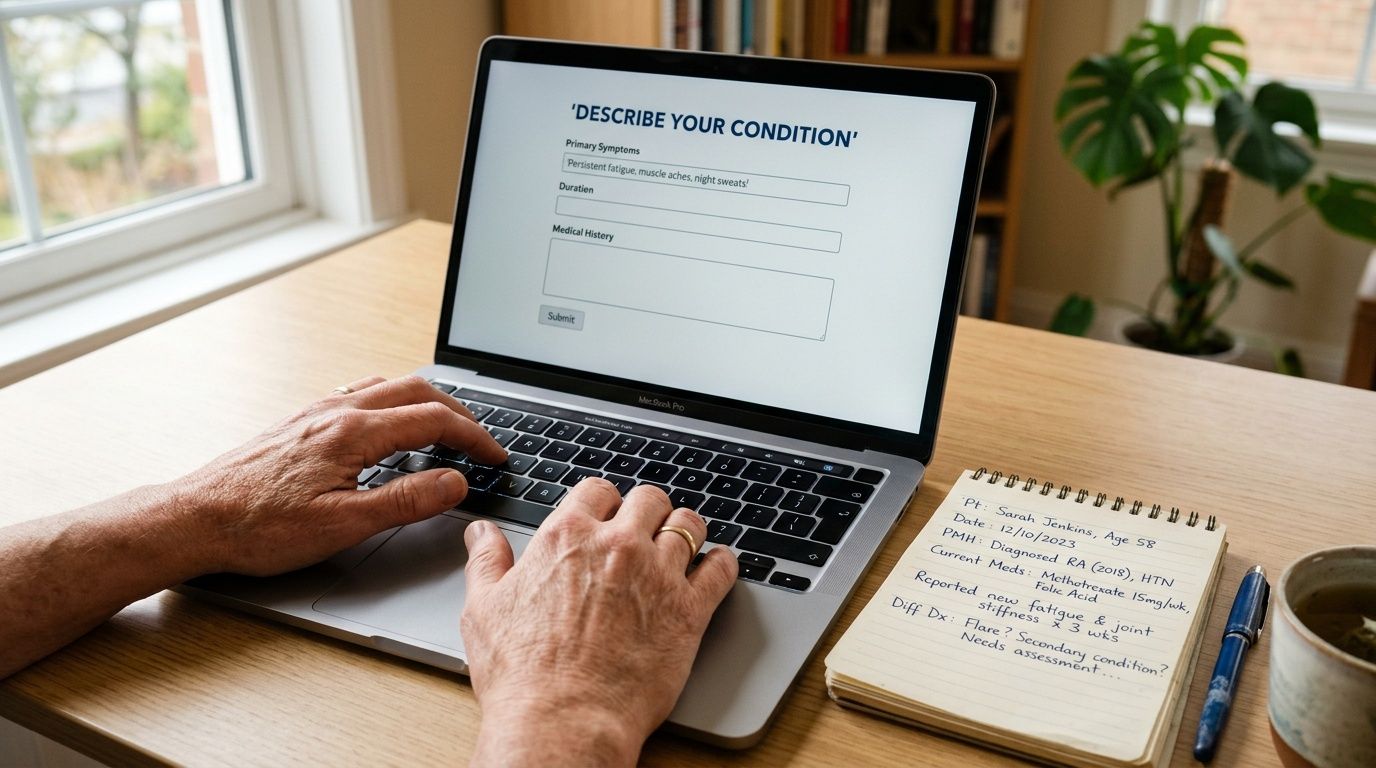 An older person types information into an online medical form on a laptop near a handwritten notebook.